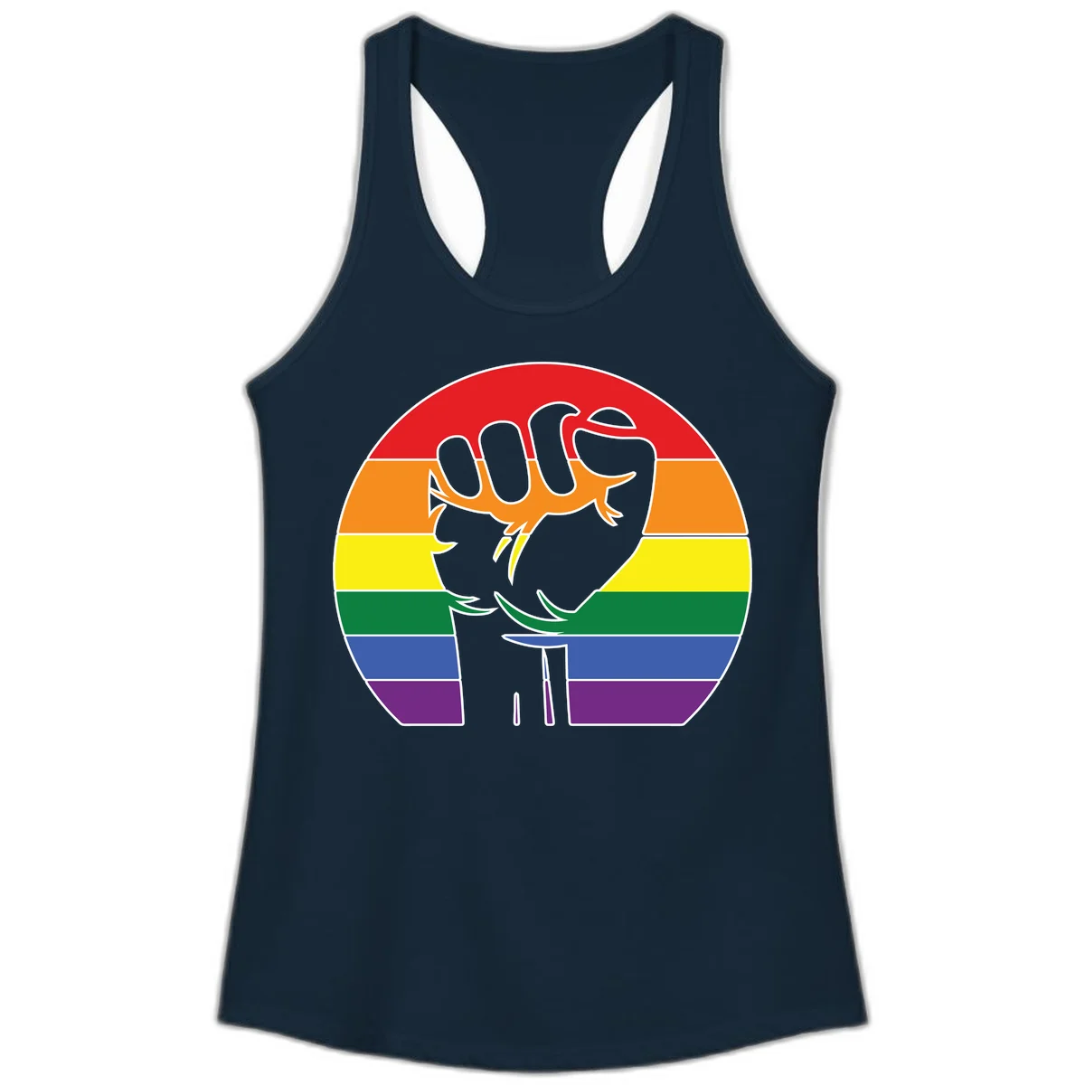 Gray dachshund with elongated body stretching across circular rainbow pride flag stripes in red, orange, yellow, green, blue, and purple in Solid Midnight Navy