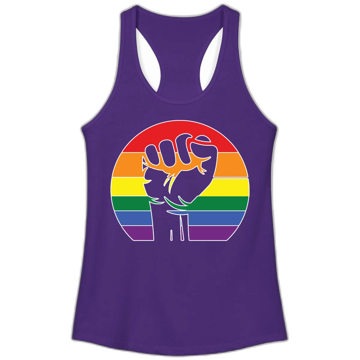 Gray dachshund with elongated body stretching across circular rainbow pride flag stripes in red, orange, yellow, green, blue, and purple in Solid Purple Rush