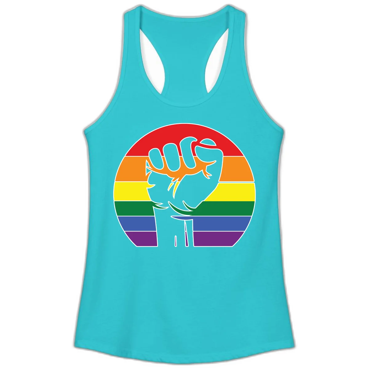 Gray dachshund with elongated body stretching across circular rainbow pride flag stripes in red, orange, yellow, green, blue, and purple in Solid Tahiti Blue