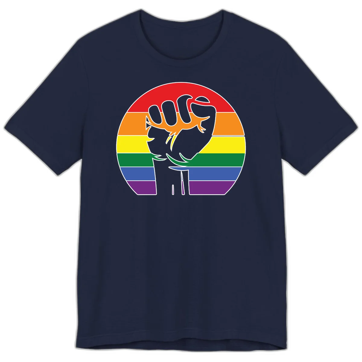 Gray dachshund with elongated body stretching across circular rainbow pride flag stripes in red, orange, yellow, green, blue, and purple in Navy