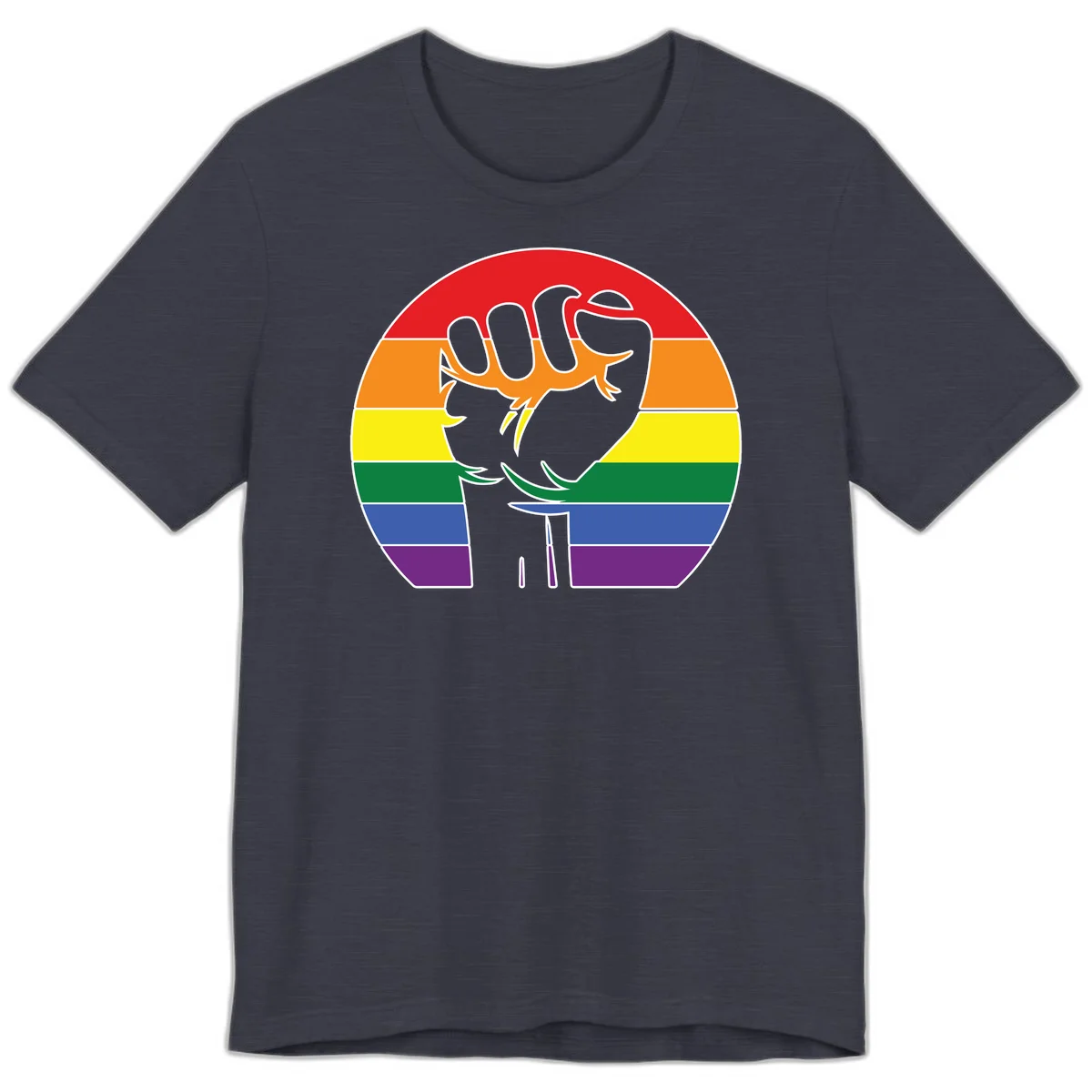 Gray dachshund with elongated body stretching across circular rainbow pride flag stripes in red, orange, yellow, green, blue, and purple in Heather Midnight Navy