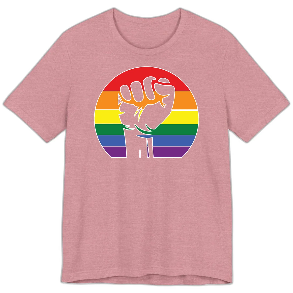 Gray dachshund with elongated body stretching across circular rainbow pride flag stripes in red, orange, yellow, green, blue, and purple in Heather Orchid