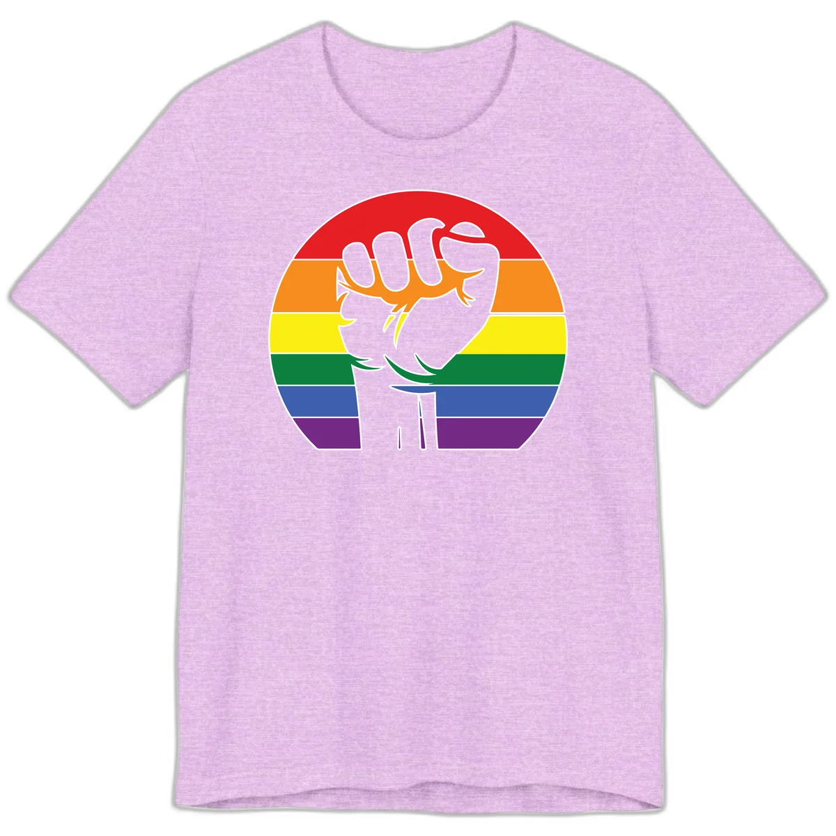 Gray dachshund with elongated body stretching across circular rainbow pride flag stripes in red, orange, yellow, green, blue, and purple in Heather Prism Lilac