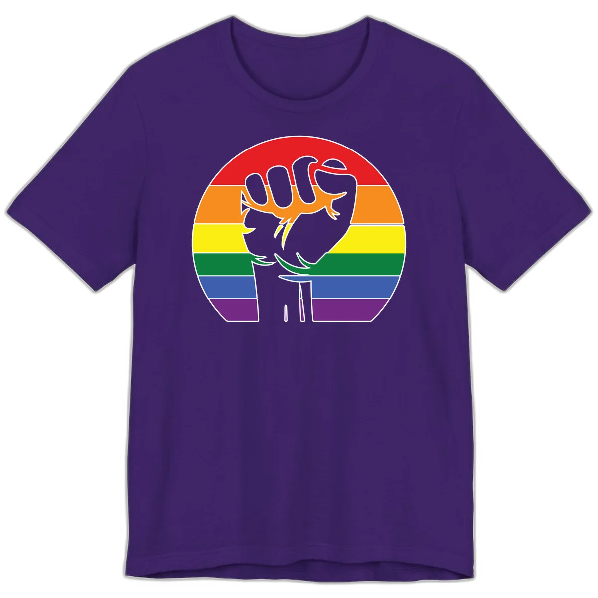 Gray dachshund with elongated body stretching across circular rainbow pride flag stripes in red, orange, yellow, green, blue, and purple in Team Purple