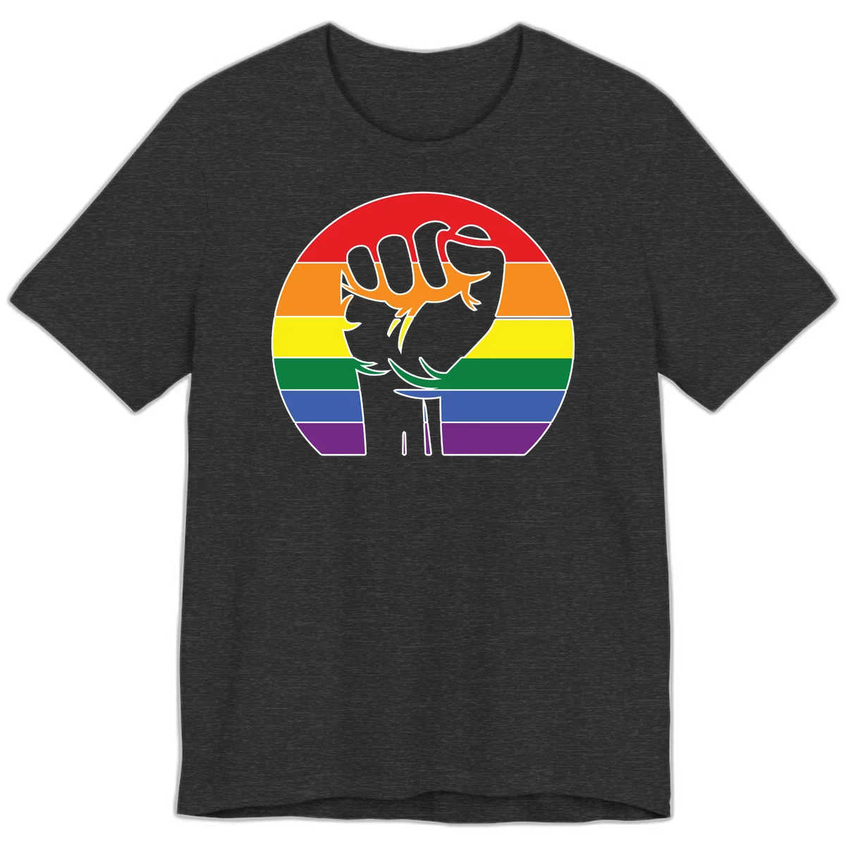 Gray dachshund with elongated body stretching across circular rainbow pride flag stripes in red, orange, yellow, green, blue, and purple in Dark Grey Heather