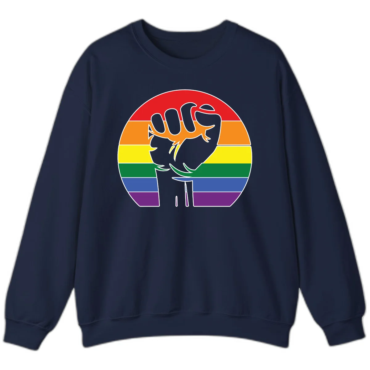 Gray dachshund with elongated body stretching across circular rainbow pride flag stripes in red, orange, yellow, green, blue, and purple in Navy