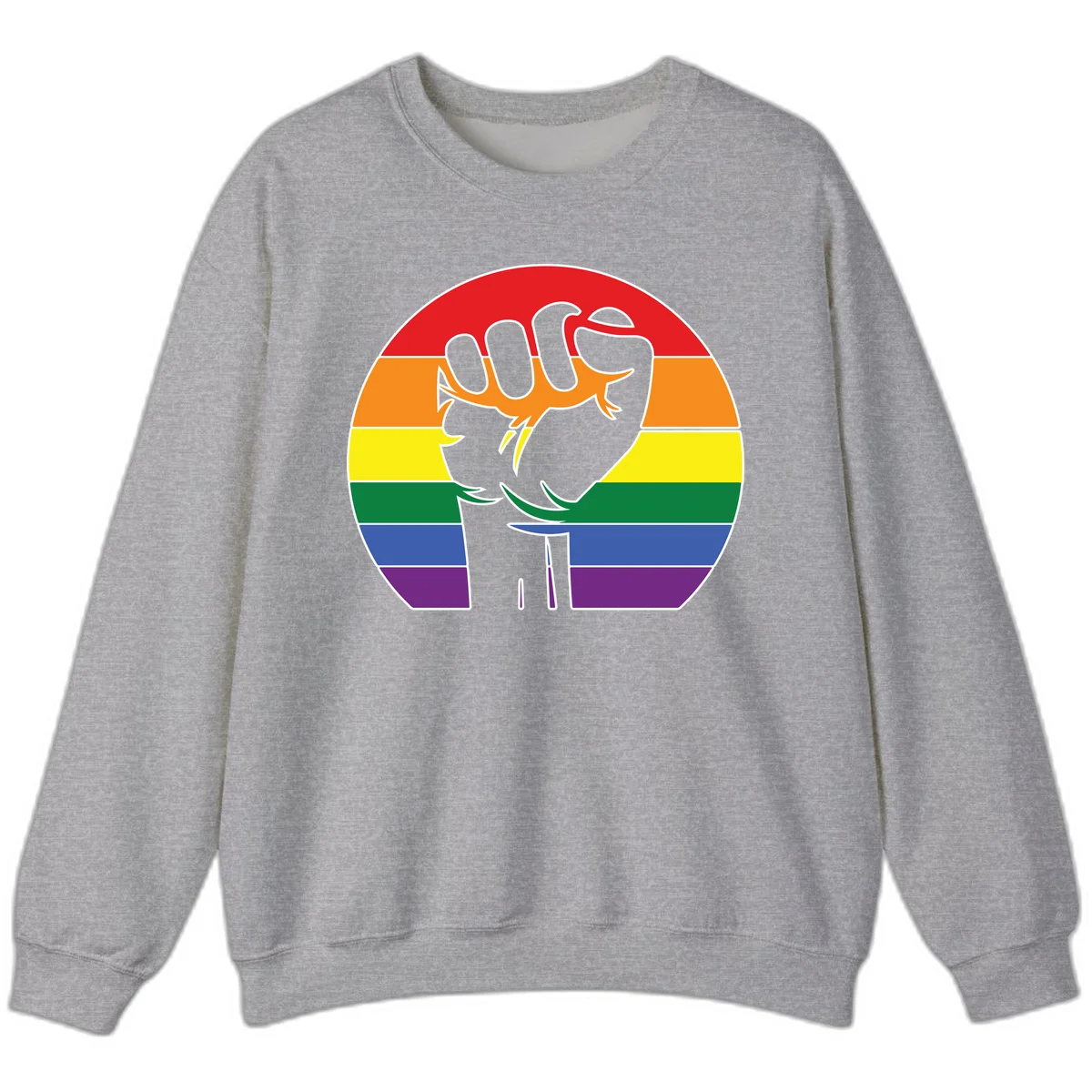 Gray dachshund with elongated body stretching across circular rainbow pride flag stripes in red, orange, yellow, green, blue, and purple in Sport Grey