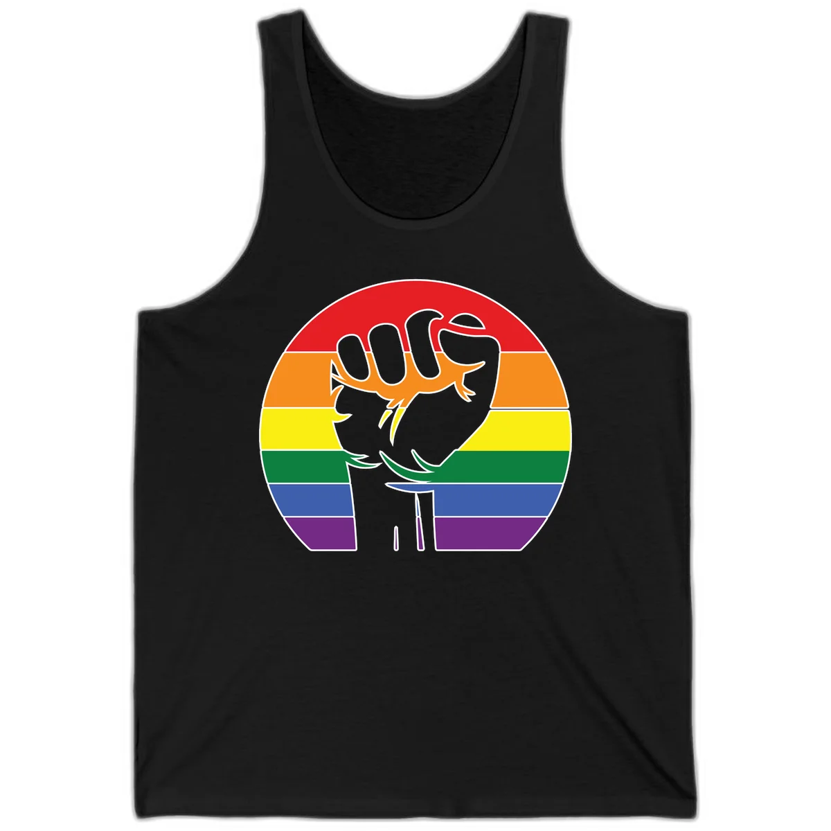 Gray dachshund with elongated body stretching across circular rainbow pride flag stripes in red, orange, yellow, green, blue, and purple in Black