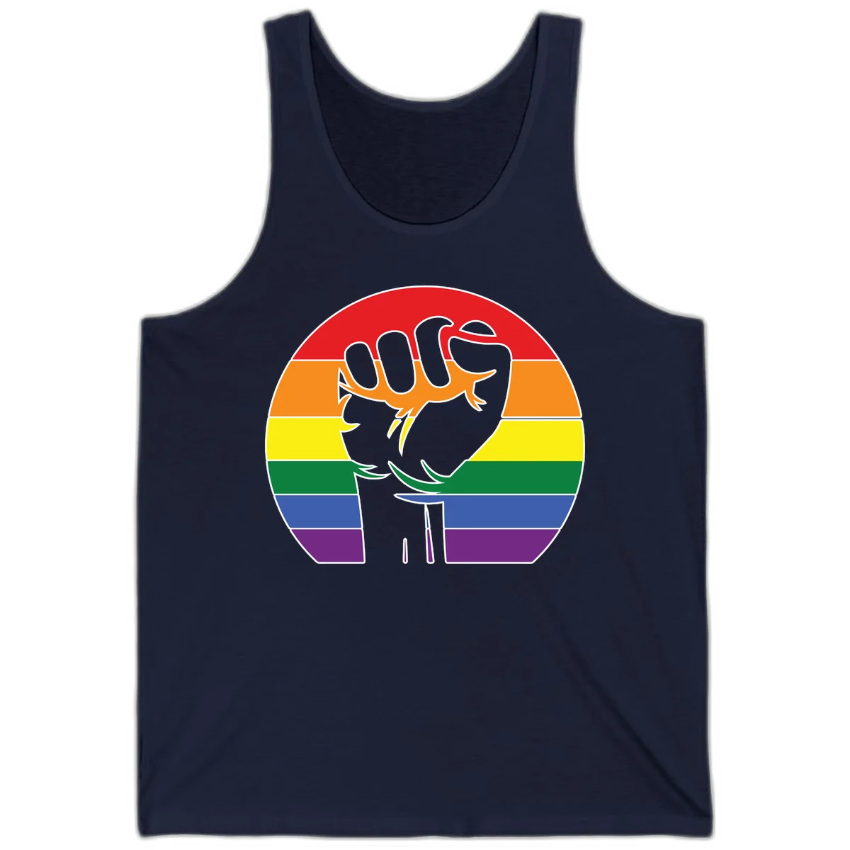 Gray dachshund with elongated body stretching across circular rainbow pride flag stripes in red, orange, yellow, green, blue, and purple in Navy
