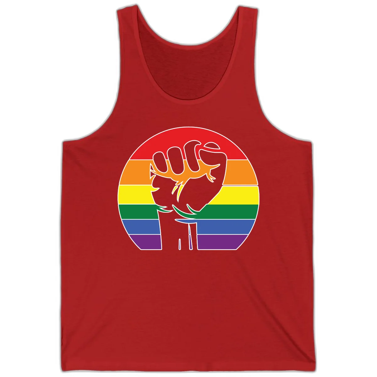 Gray dachshund with elongated body stretching across circular rainbow pride flag stripes in red, orange, yellow, green, blue, and purple in Red