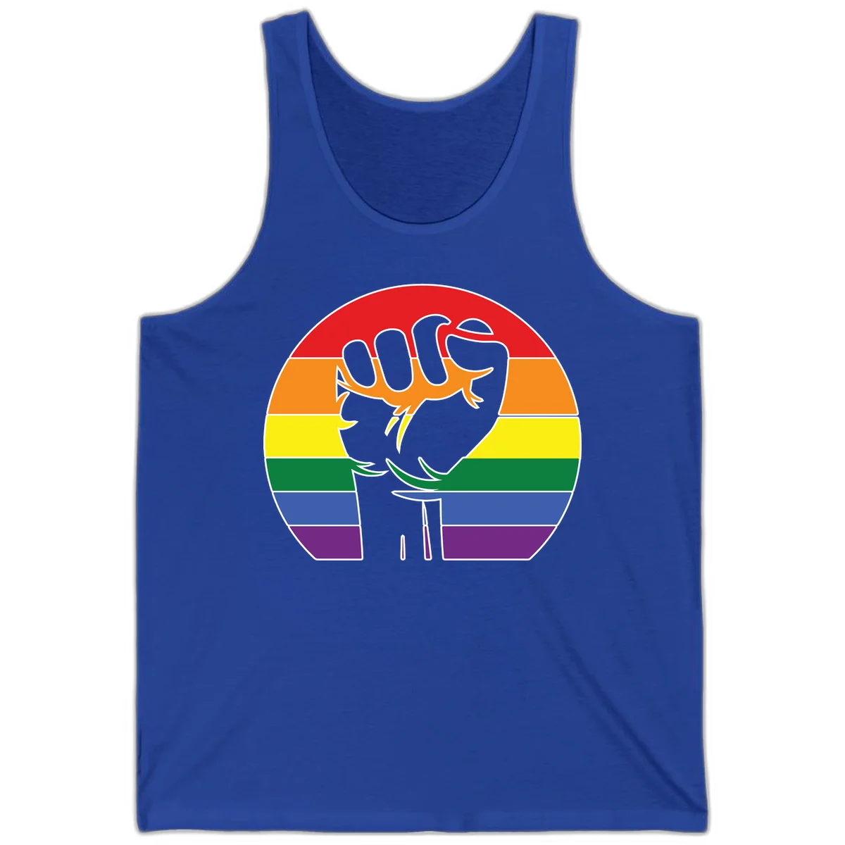 Gray dachshund with elongated body stretching across circular rainbow pride flag stripes in red, orange, yellow, green, blue, and purple in True Royal