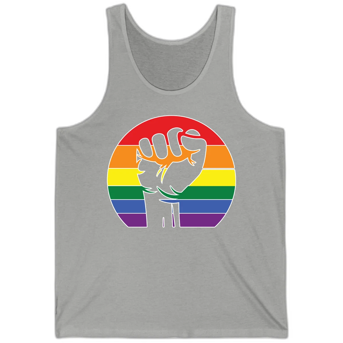 Gray dachshund with elongated body stretching across circular rainbow pride flag stripes in red, orange, yellow, green, blue, and purple in Athletic Heather