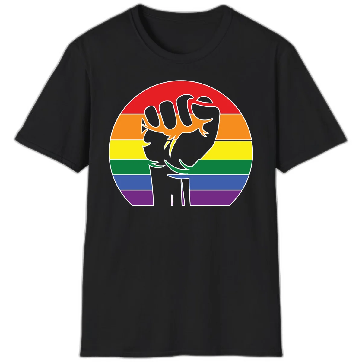 Gray dachshund with elongated body stretching across circular rainbow pride flag stripes in red, orange, yellow, green, blue, and purple in Black