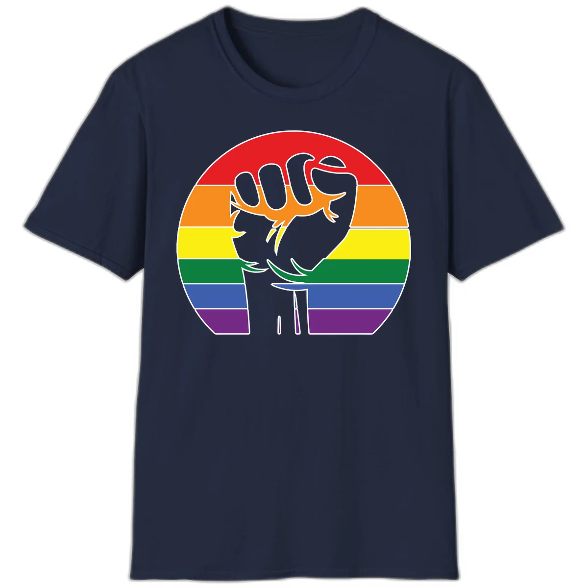 Gray dachshund with elongated body stretching across circular rainbow pride flag stripes in red, orange, yellow, green, blue, and purple in Navy