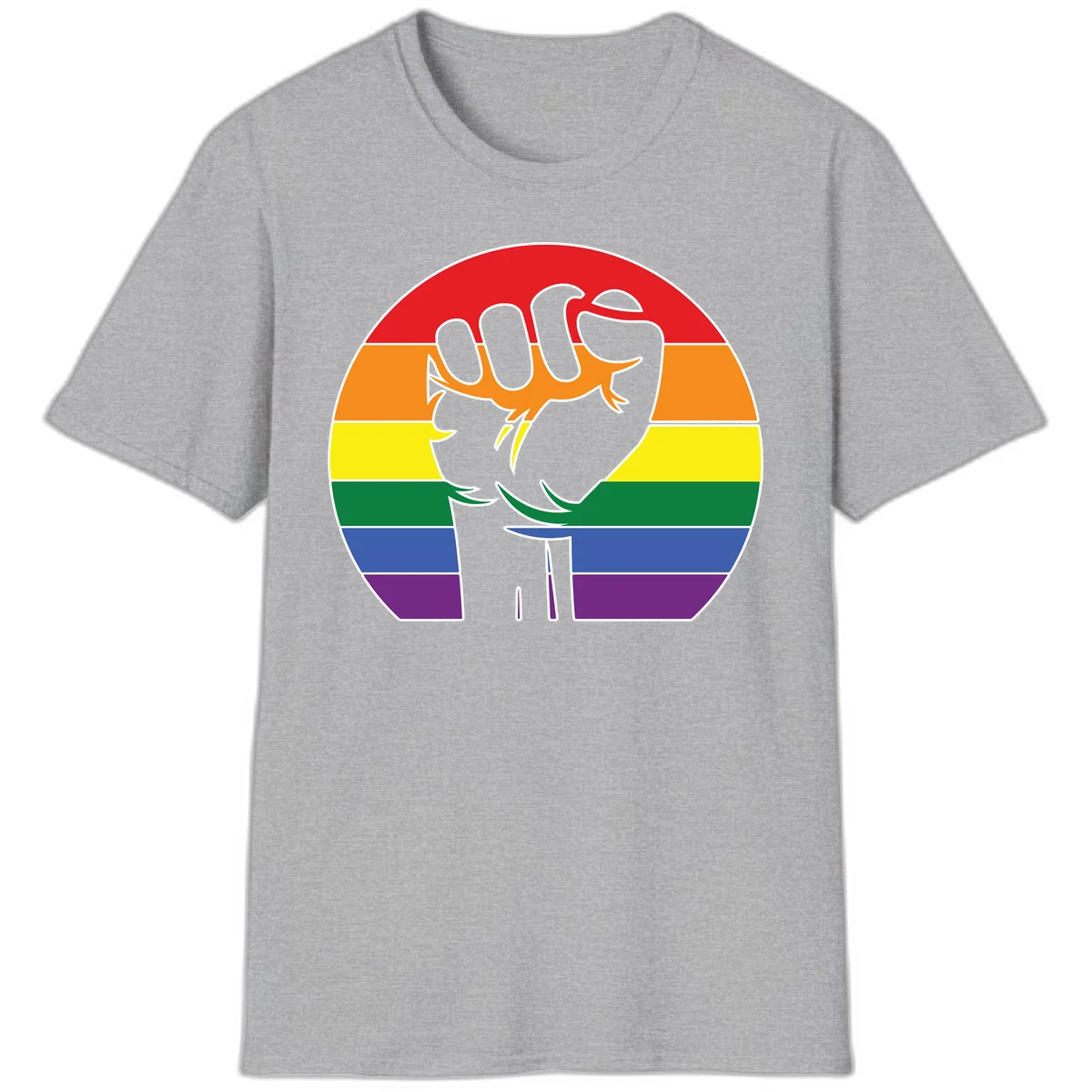 Gray dachshund with elongated body stretching across circular rainbow pride flag stripes in red, orange, yellow, green, blue, and purple in Sport Grey