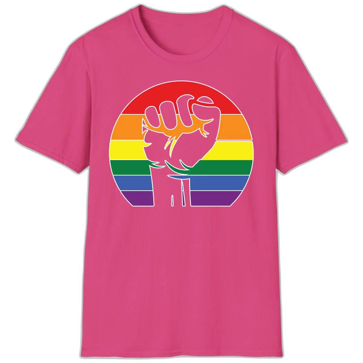 Gray dachshund with elongated body stretching across circular rainbow pride flag stripes in red, orange, yellow, green, blue, and purple in Heliconia