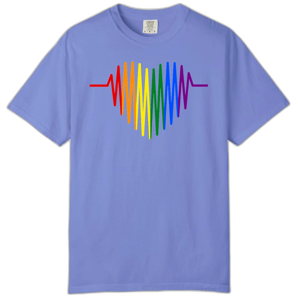 Rainbow sound wave design with spectrum colors flowing in an audio waveform pattern in Flo Blue