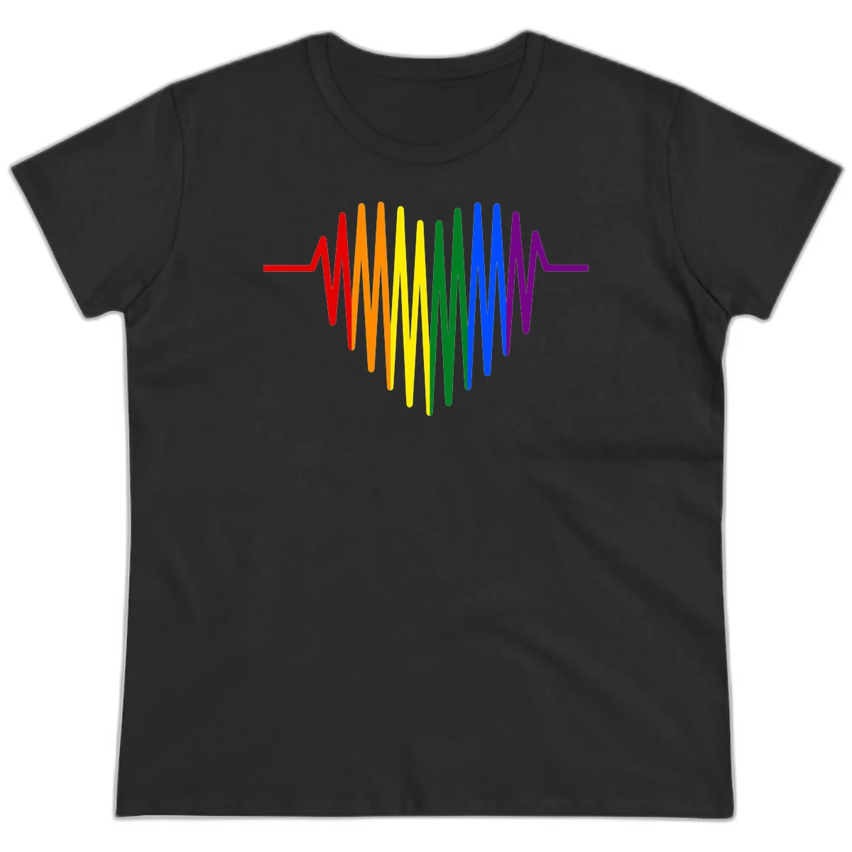 Rainbow sound wave design with spectrum colors flowing in an audio waveform pattern in Black