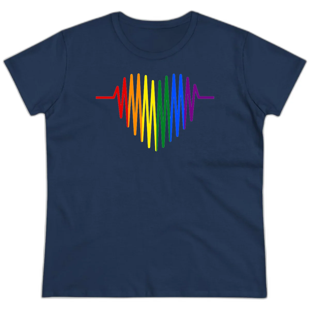 Rainbow sound wave design with spectrum colors flowing in an audio waveform pattern in Navy
