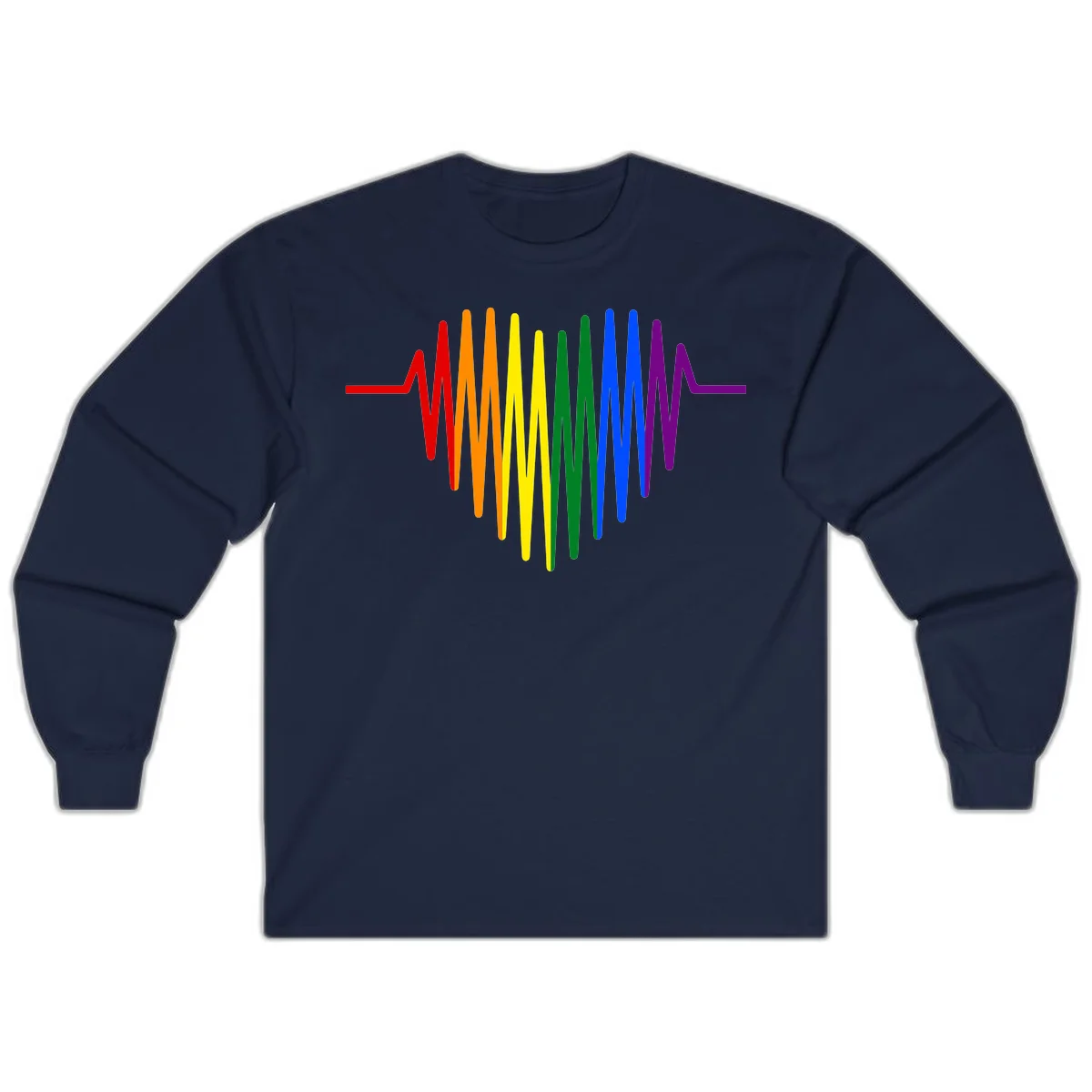 Rainbow sound wave design with spectrum colors flowing in an audio waveform pattern in Navy