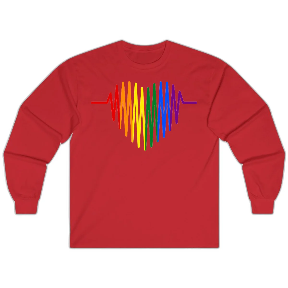 Rainbow sound wave design with spectrum colors flowing in an audio waveform pattern in Red