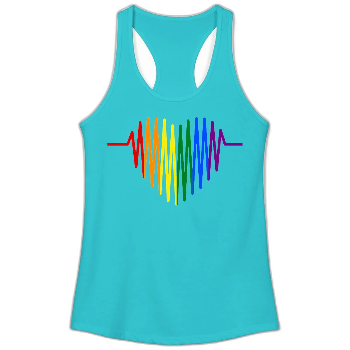 Rainbow sound wave design with spectrum colors flowing in an audio waveform pattern in Solid Tahiti Blue