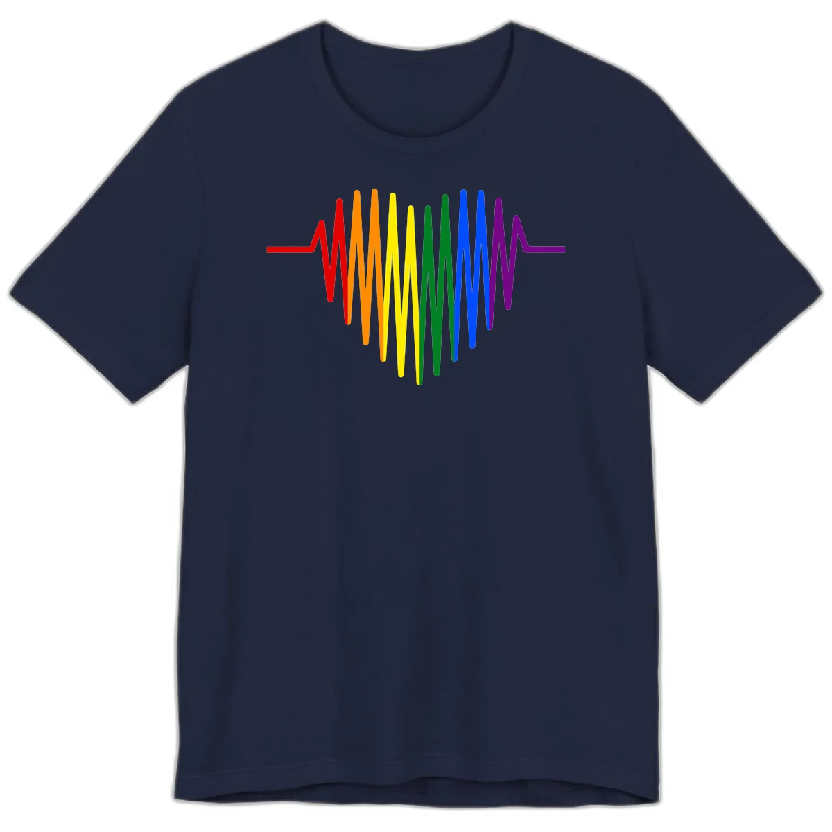 Rainbow sound wave design with spectrum colors flowing in an audio waveform pattern in Navy