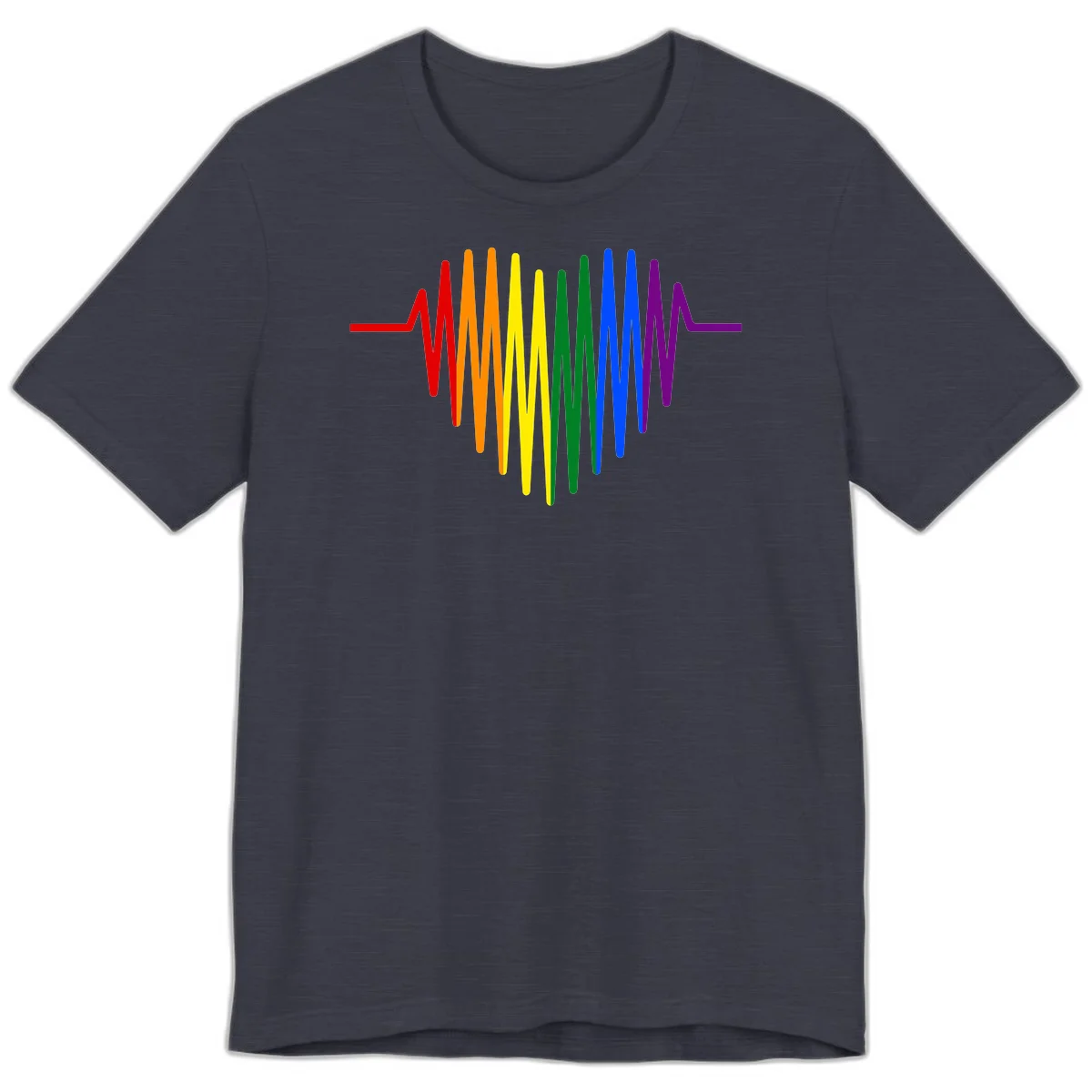 Rainbow sound wave design with spectrum colors flowing in an audio waveform pattern in Heather Midnight Navy
