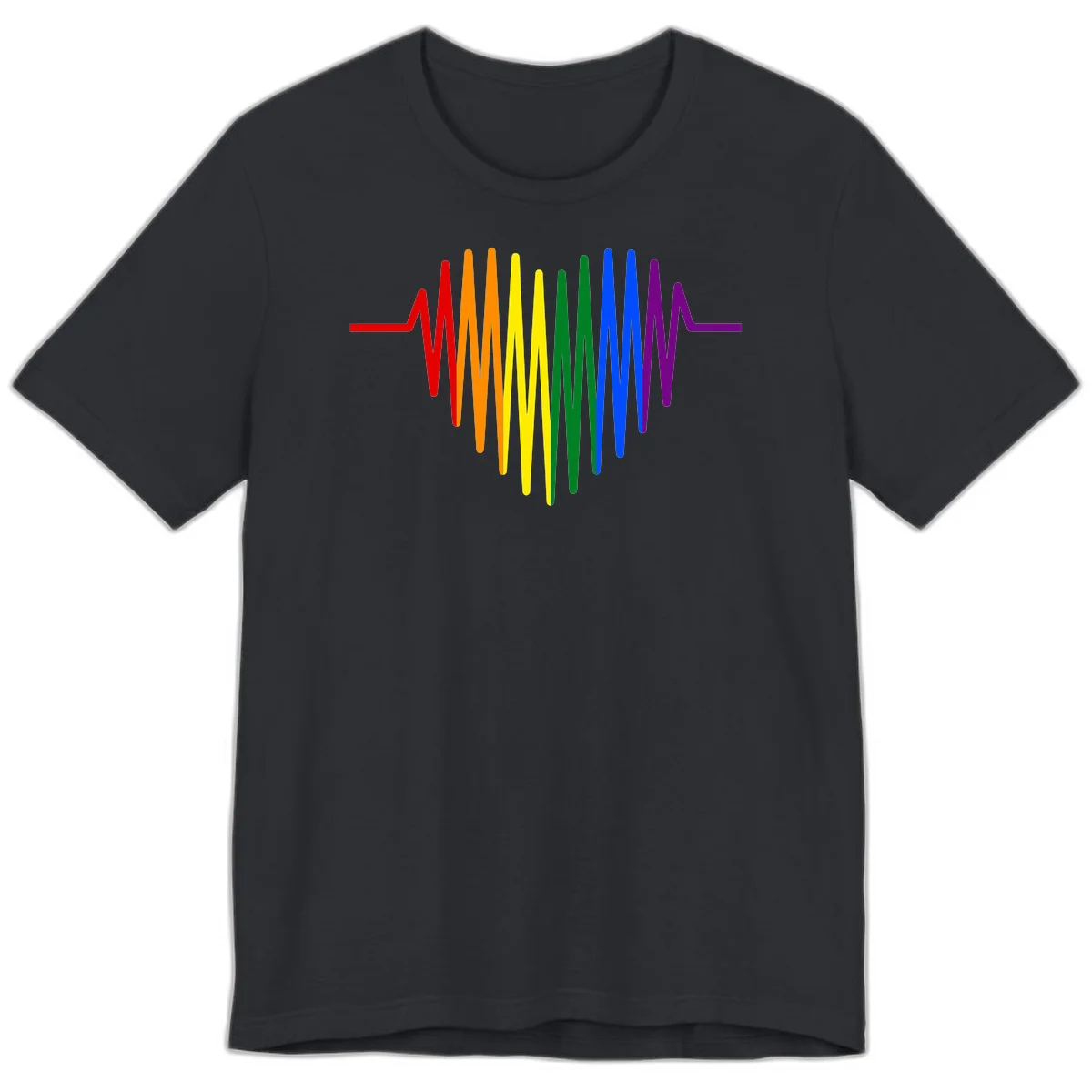 Rainbow sound wave design with spectrum colors flowing in an audio waveform pattern in Vintage Black