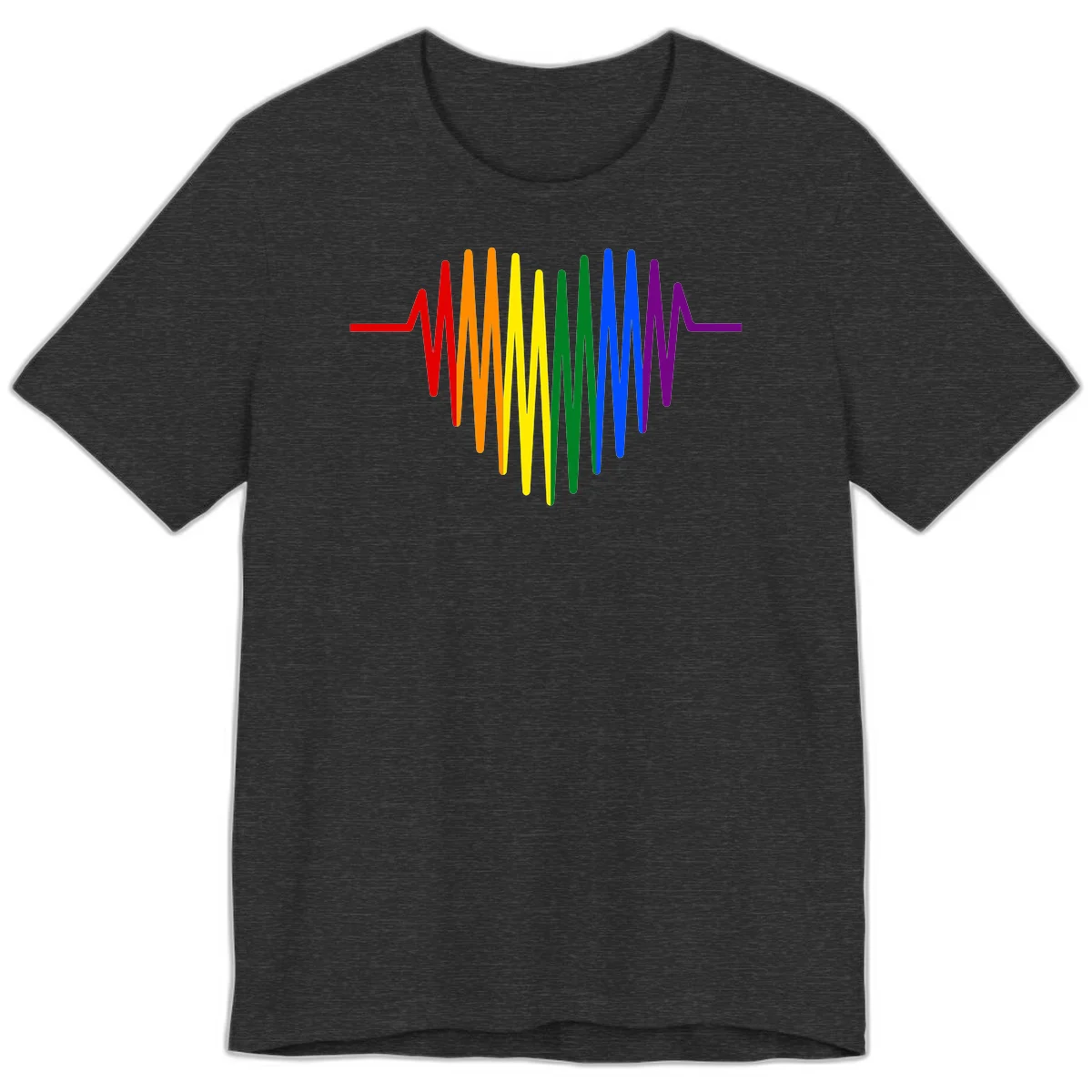 Rainbow sound wave design with spectrum colors flowing in an audio waveform pattern in Dark Grey Heather