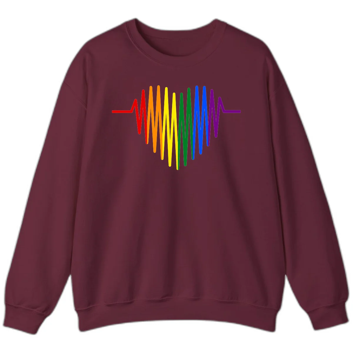 Rainbow sound wave design with spectrum colors flowing in an audio waveform pattern in Maroon