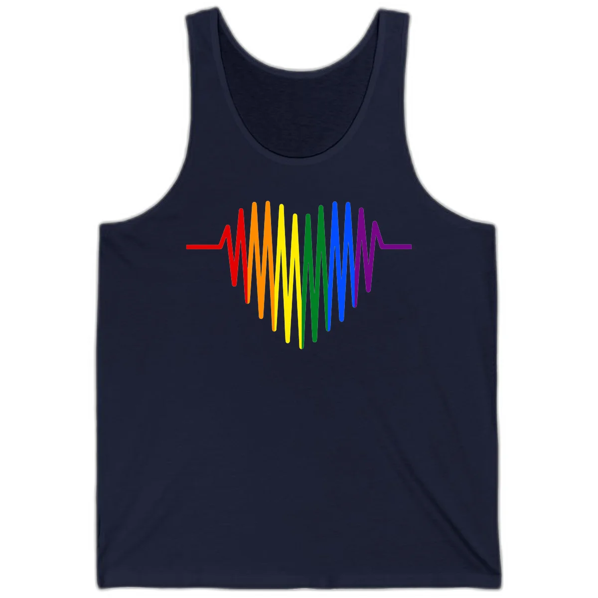 Rainbow sound wave design with spectrum colors flowing in an audio waveform pattern in Navy