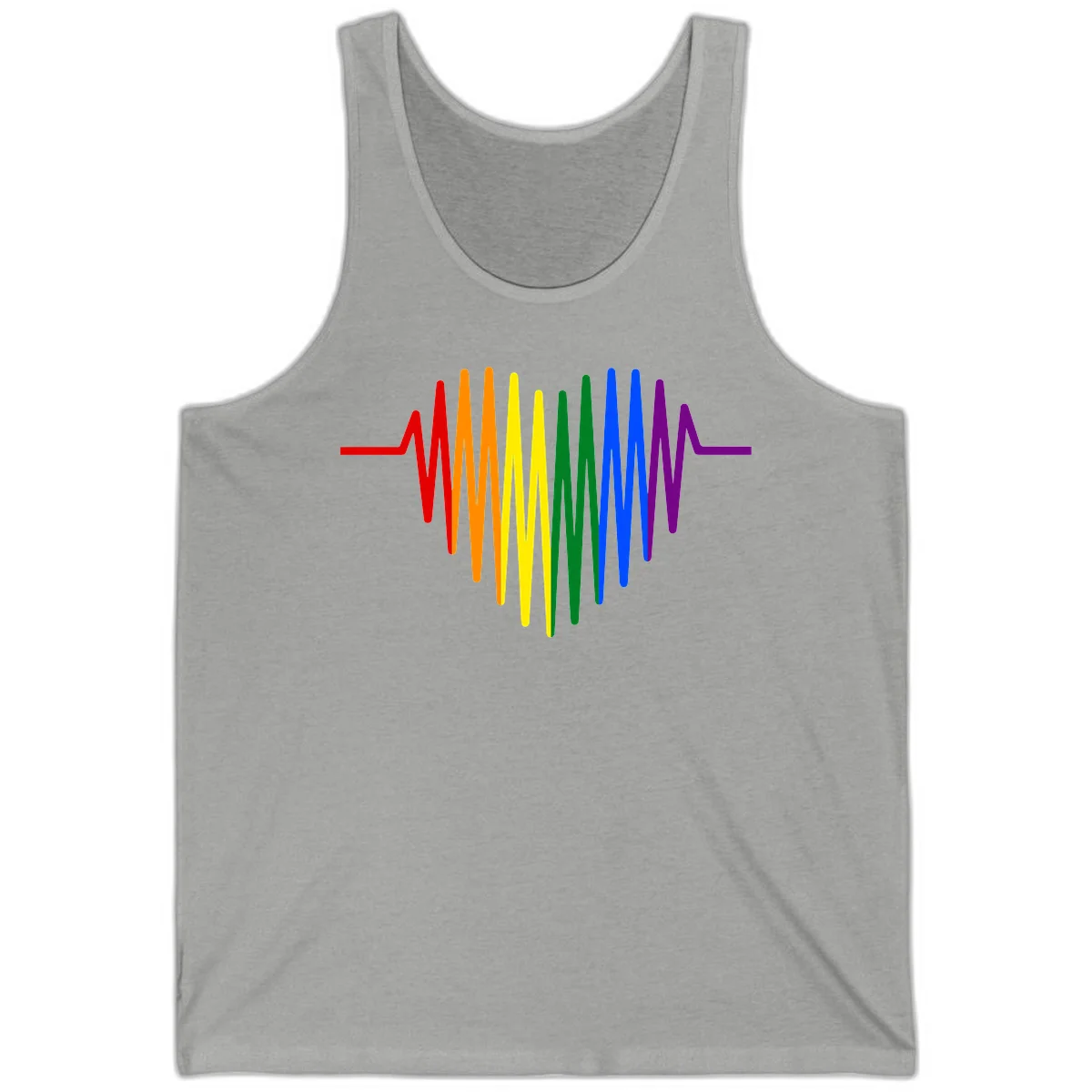 Rainbow sound wave design with spectrum colors flowing in an audio waveform pattern in Athletic Heather