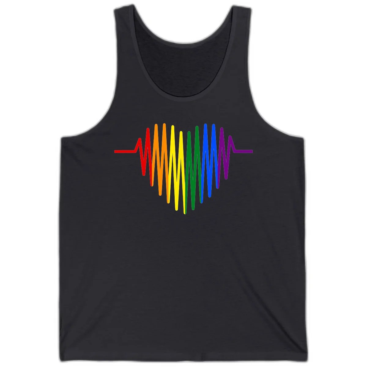 Rainbow sound wave design with spectrum colors flowing in an audio waveform pattern in Dark Grey