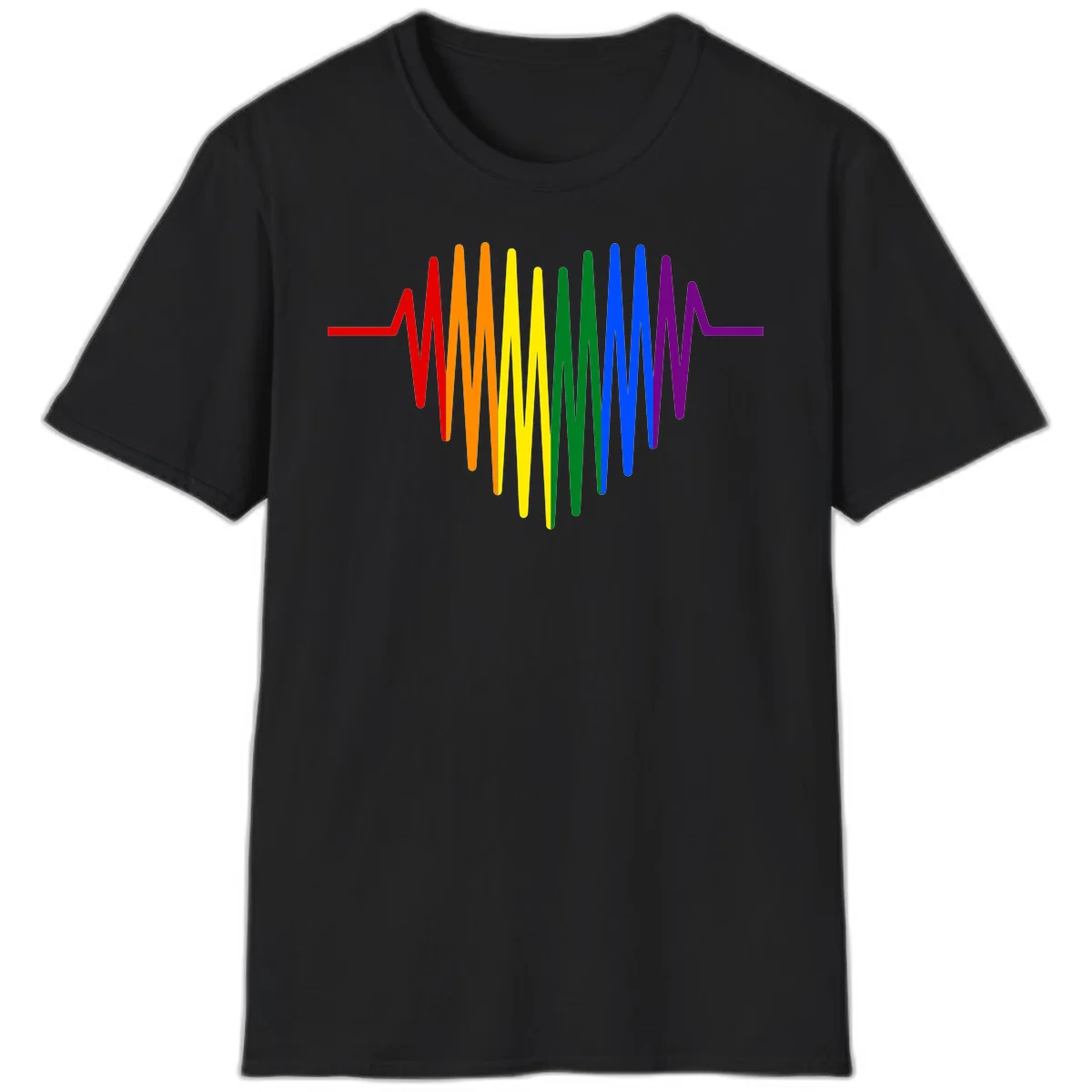 Rainbow sound wave design with spectrum colors flowing in an audio waveform pattern in Black