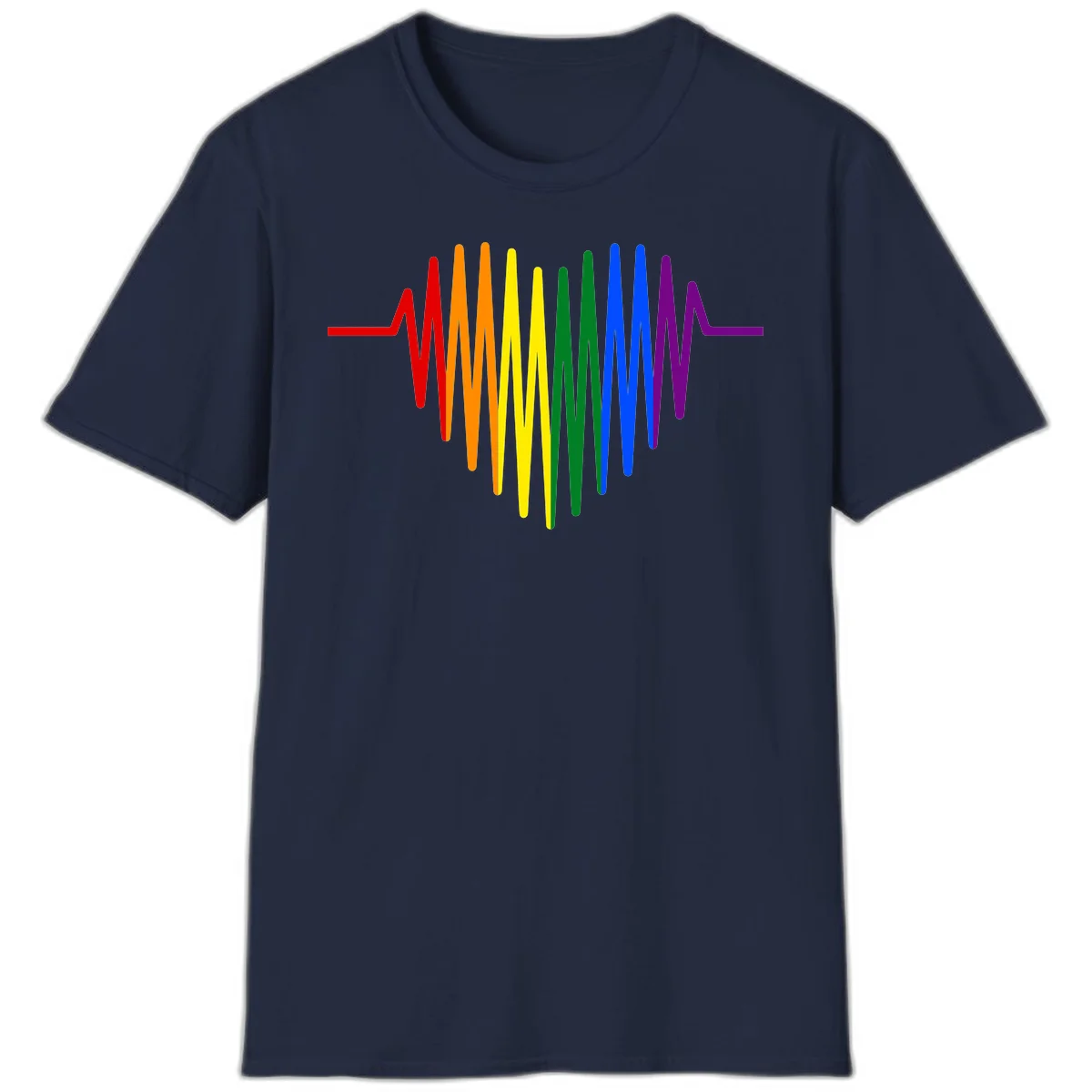 Rainbow sound wave design with spectrum colors flowing in an audio waveform pattern in Navy