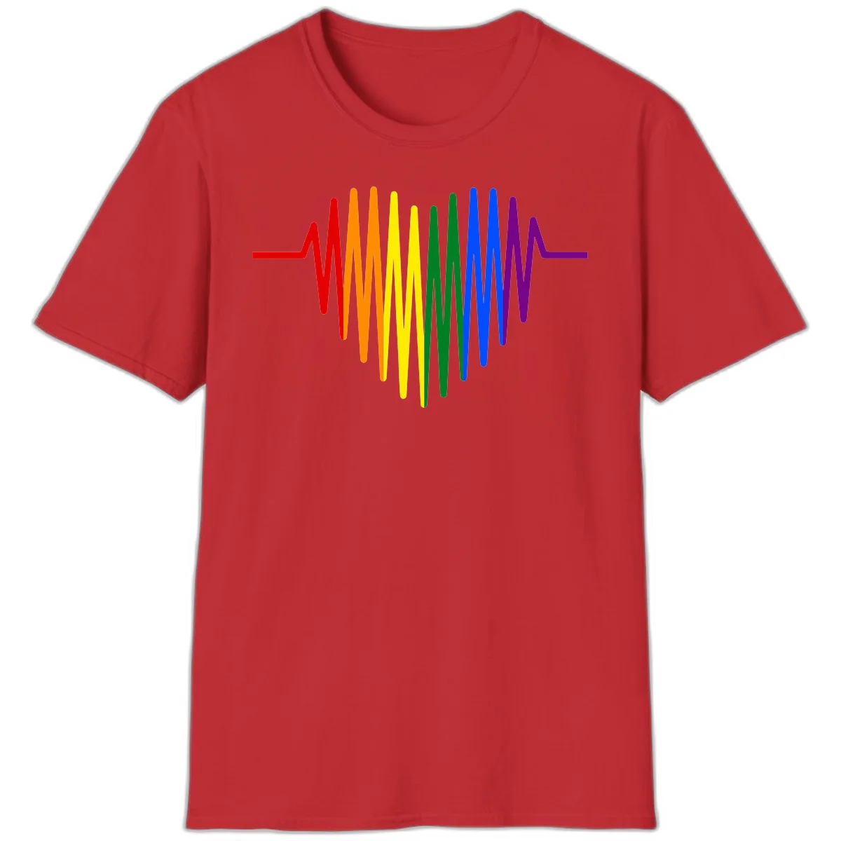 Rainbow sound wave design with spectrum colors flowing in an audio waveform pattern in Red