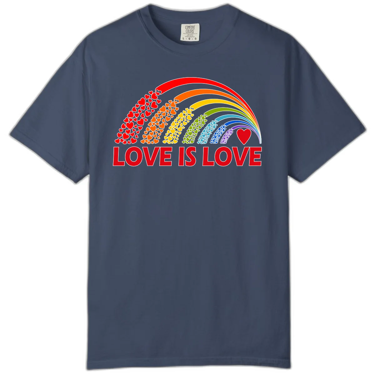 Rainbow arcs filled with colorful hearts in red, orange, yellow, green, cyan, blue, and purple, with 'LOVE IS LOVE' text below in Midnight