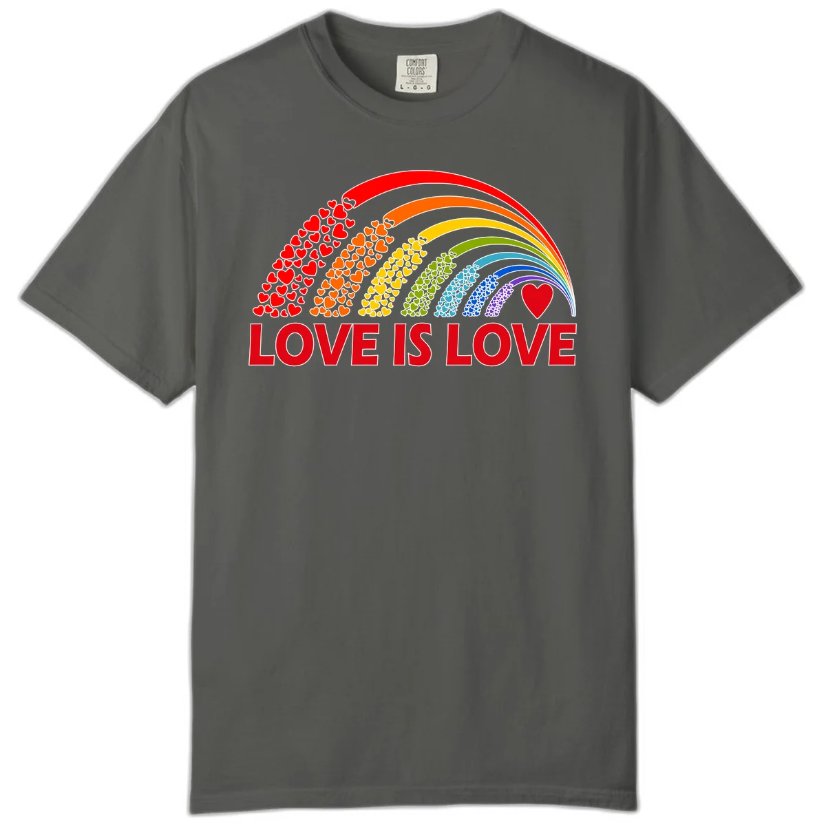 Rainbow arcs filled with colorful hearts in red, orange, yellow, green, cyan, blue, and purple, with 'LOVE IS LOVE' text below in Pepper