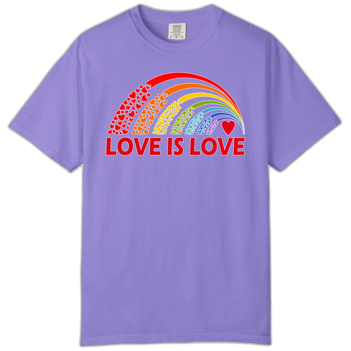 Rainbow arcs filled with colorful hearts in red, orange, yellow, green, cyan, blue, and purple, with 'LOVE IS LOVE' text below in Violet