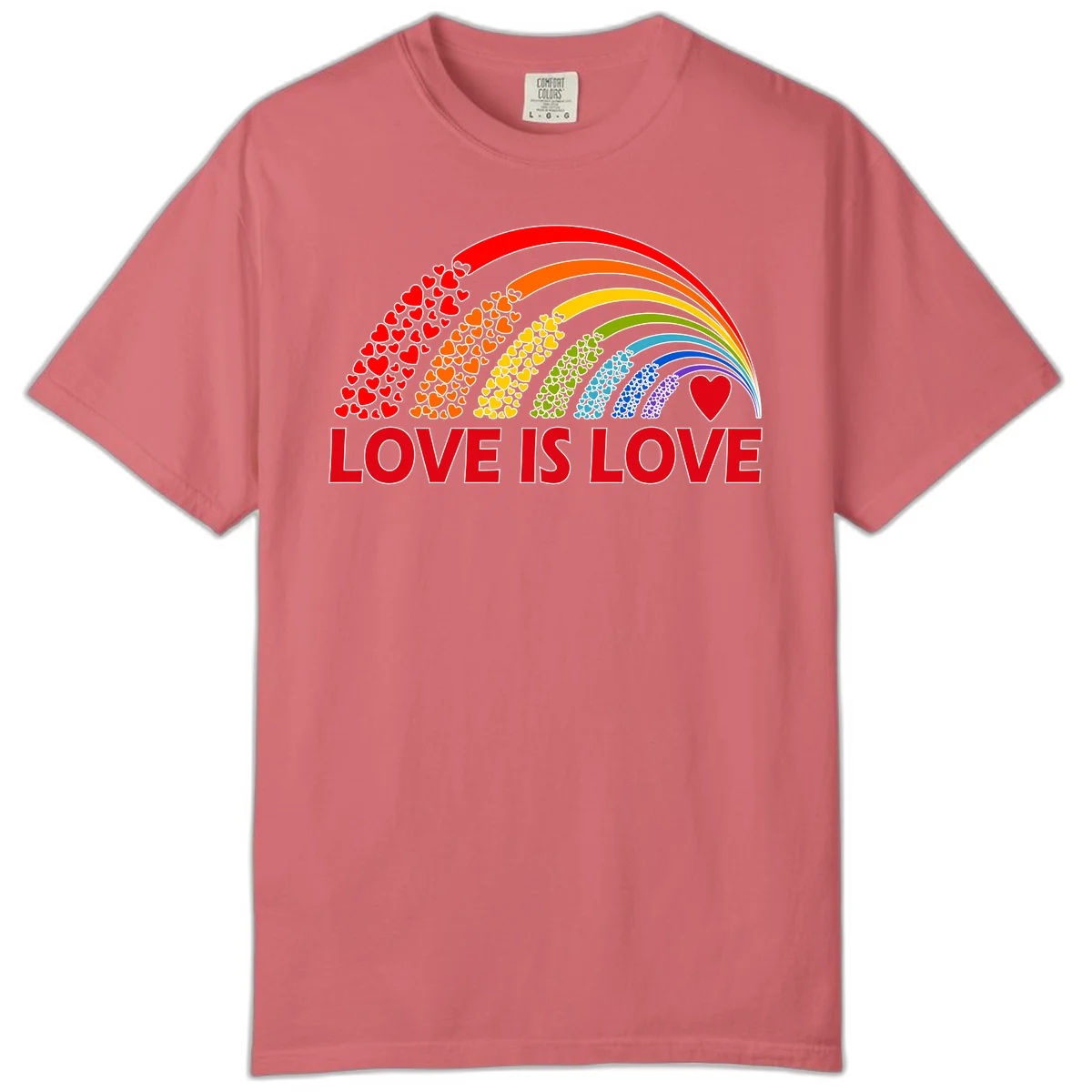 Rainbow arcs filled with colorful hearts in red, orange, yellow, green, cyan, blue, and purple, with 'LOVE IS LOVE' text below in Watermelon