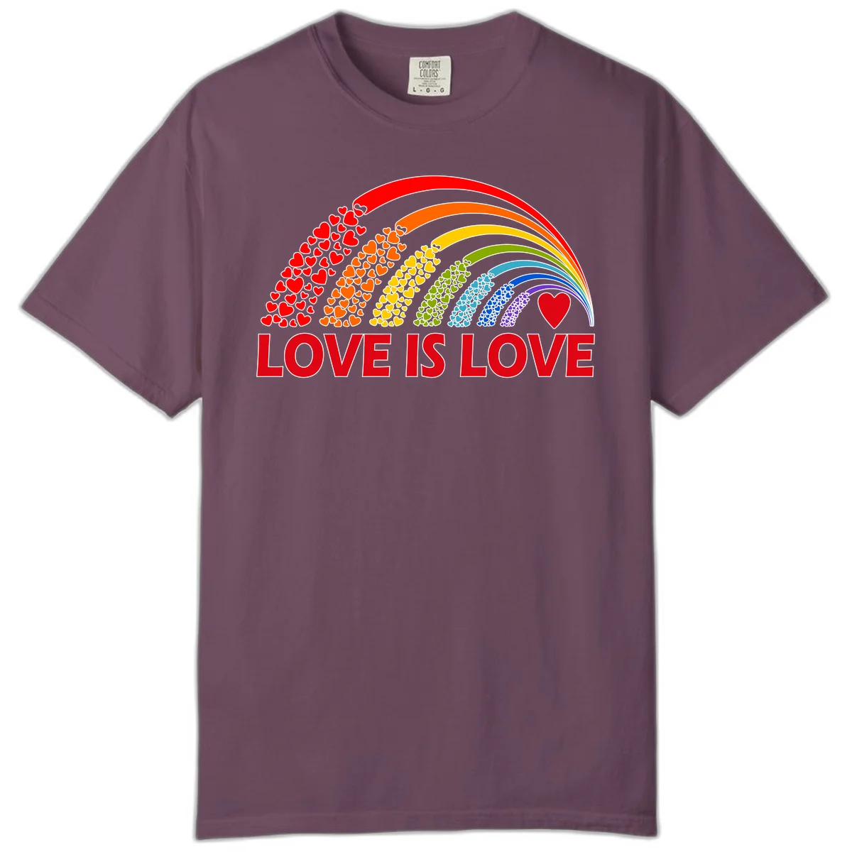 Rainbow arcs filled with colorful hearts in red, orange, yellow, green, cyan, blue, and purple, with 'LOVE IS LOVE' text below in Berry