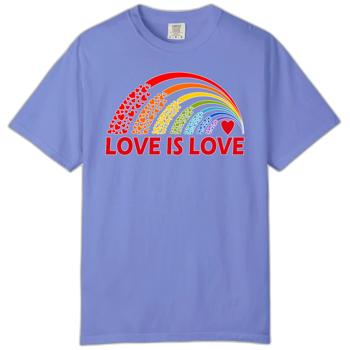 Rainbow arcs filled with colorful hearts in red, orange, yellow, green, cyan, blue, and purple, with 'LOVE IS LOVE' text below in Flo Blue