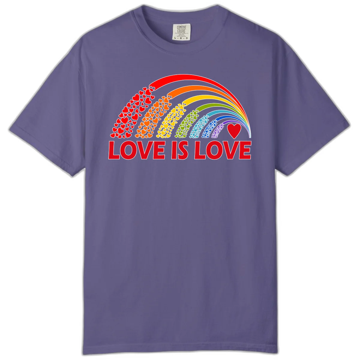 Rainbow arcs filled with colorful hearts in red, orange, yellow, green, cyan, blue, and purple, with 'LOVE IS LOVE' text below in Grape