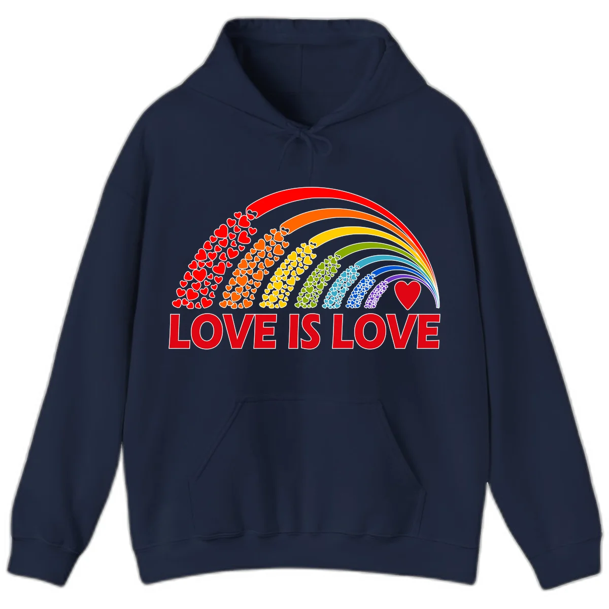 Rainbow arcs filled with colorful hearts in red, orange, yellow, green, cyan, blue, and purple, with 'LOVE IS LOVE' text below in Navy