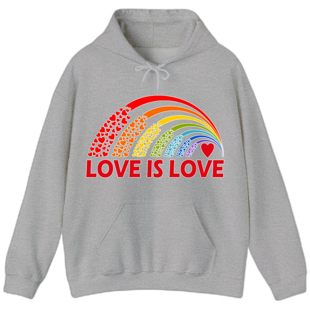 Rainbow arcs filled with colorful hearts in red, orange, yellow, green, cyan, blue, and purple, with 'LOVE IS LOVE' text below in Sport Grey