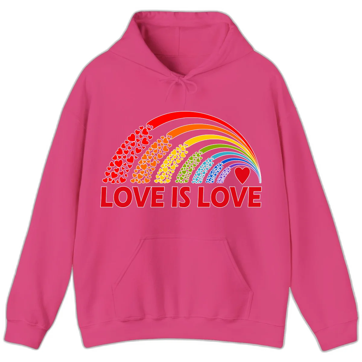 Rainbow arcs filled with colorful hearts in red, orange, yellow, green, cyan, blue, and purple, with 'LOVE IS LOVE' text below in Heliconia
