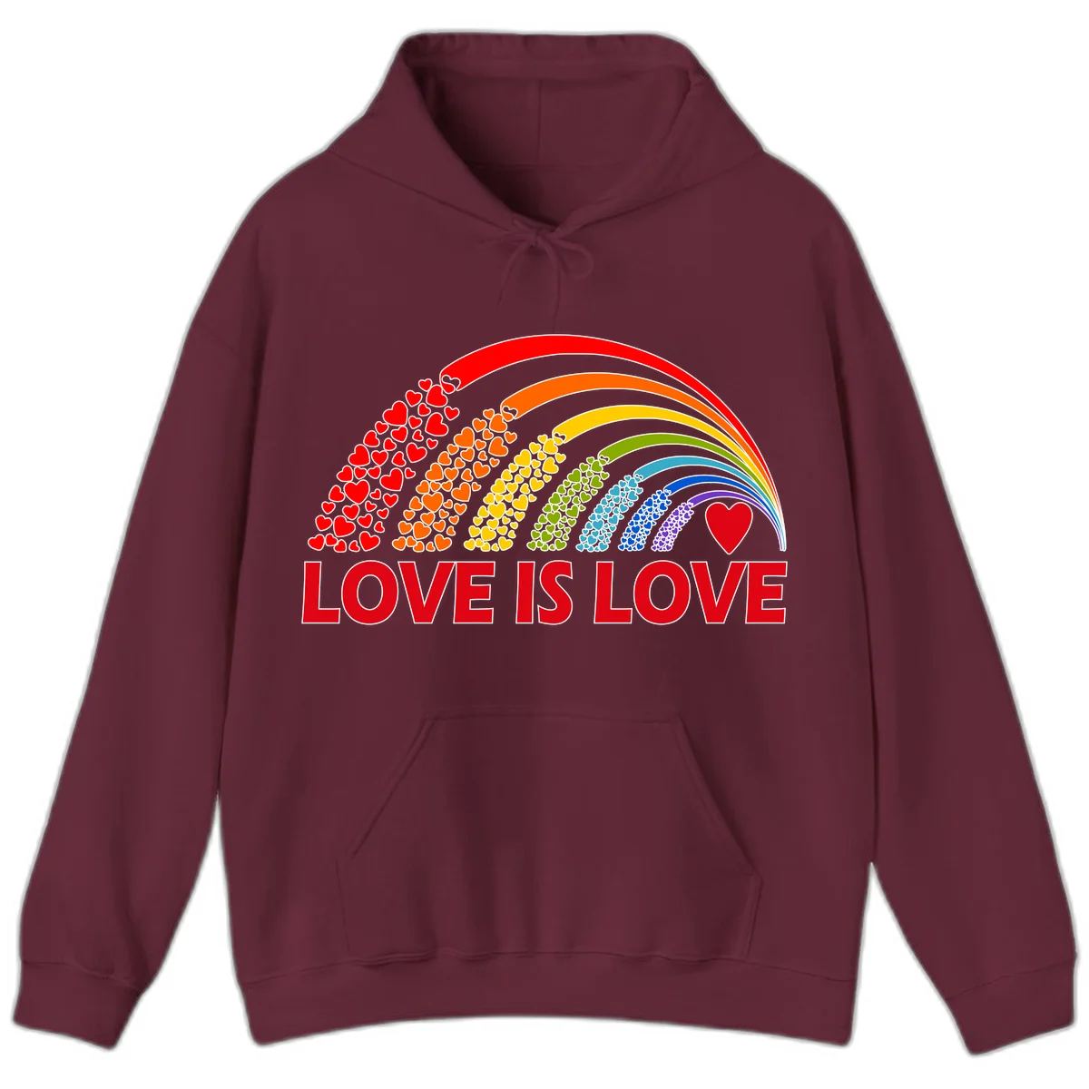 Rainbow arcs filled with colorful hearts in red, orange, yellow, green, cyan, blue, and purple, with 'LOVE IS LOVE' text below in Maroon