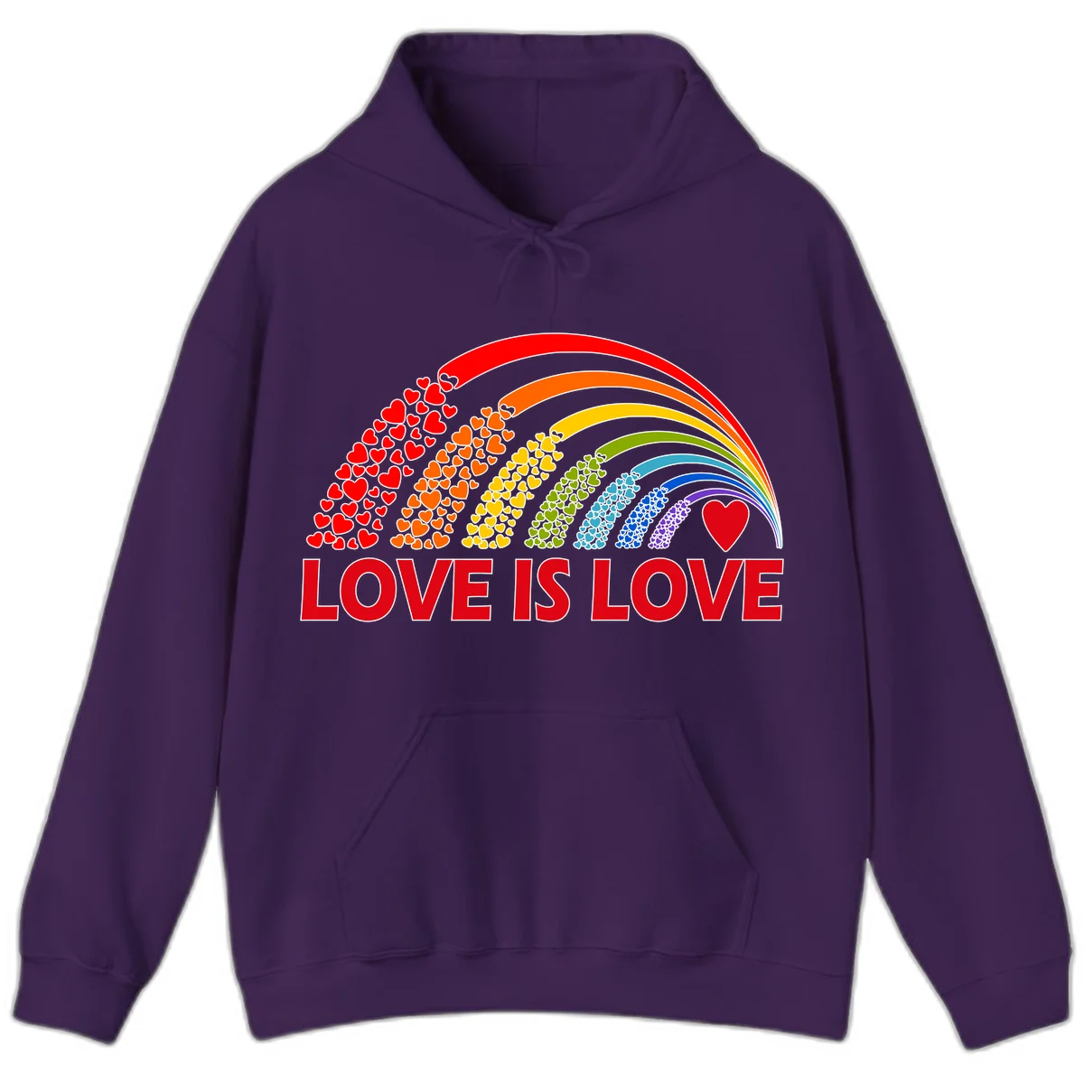 Rainbow arcs filled with colorful hearts in red, orange, yellow, green, cyan, blue, and purple, with 'LOVE IS LOVE' text below in Purple