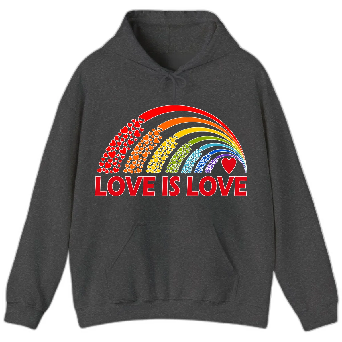 Rainbow arcs filled with colorful hearts in red, orange, yellow, green, cyan, blue, and purple, with 'LOVE IS LOVE' text below in Dark Heather